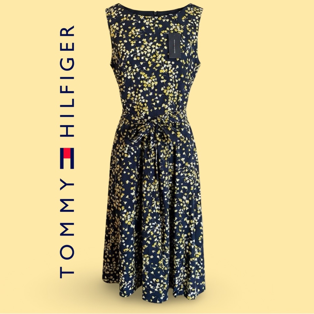 Tommy Hilfiger Navy Floral Tie-Waist Midi Dress with Yellow Accents - Picture 1 of 4